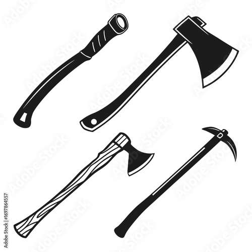 A vintage monochrome collection of hand drawn axes, hatchets, and a pickaxe, showcasing the timeless appeal of these tools in a classic style