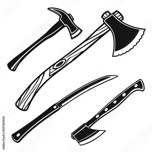 A vintage monochrome collection of hand drawn axes, hatchets, and a hammer, showcasing the timeless appeal of these tools in a classic style