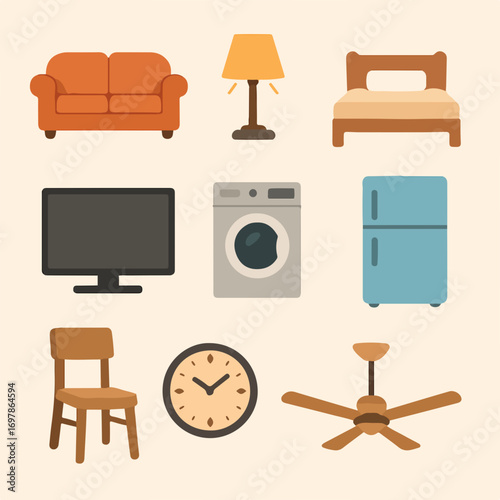 Collection of Household Furniture and Appliances in a Modern Home Setting