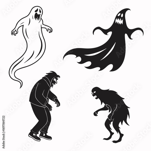A spooky collection of halloween monsters, featuring ghosts, zombies, and other creatures of the night, perfect for adding a touch of fright to your designs