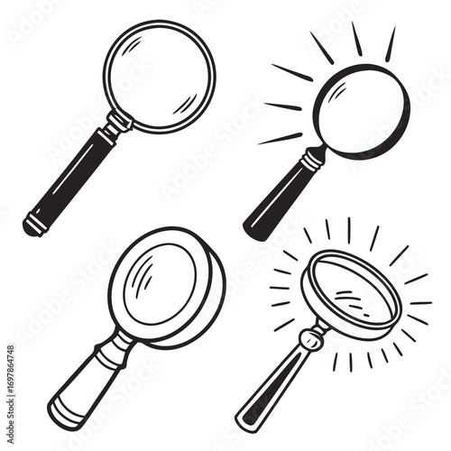 A set of four handdrawn magnifying glass illustrations, each with a unique design and style, perfect for adding a touch of whimsy to your project