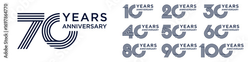 collection anniversary 10 to 100 year logo designs. abstract number for celebration event, wedding, greeting card, and invitation, vector illustration