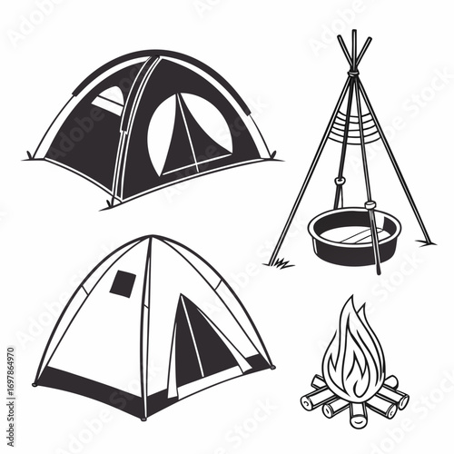 Camping elements two tents, a campfire, and a pot hanging over the fire, perfect for outdoor adventure and creating a cozy atmosphere in nature