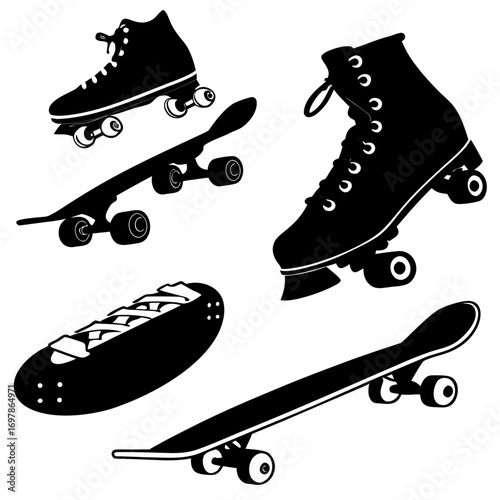 Silhouetted skateboards and roller skates in various styles, the image showcases the equipment used in these popular action sports in a clean design