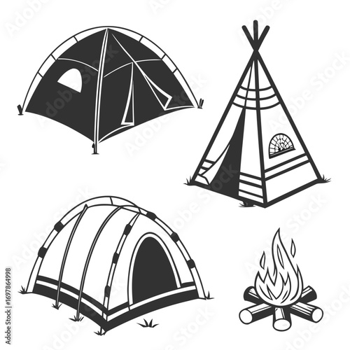 Camping elements three tents and a campfire, perfect for outdoor adventure and creating a cozy atmosphere in nature, ideal for travel and recreation