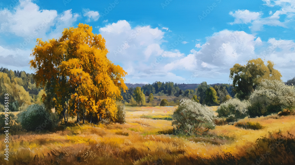 Fototapeta premium 夏と秋のはざまに広がる風景をアクリル画で表現したアート作品、懐かしさと美しさが漂うノスタルジックな雰囲気、鮮やかで透明感あるタッチが魅力的な抽象的風景画、心を癒す幻想的なスピリチュアルな雰囲気