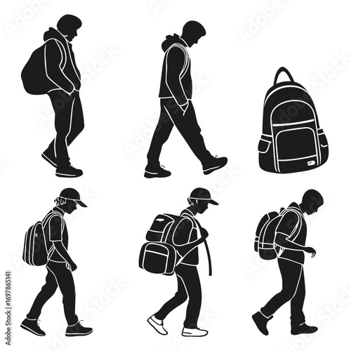 Silhouettes of people walking with backpacks men and women carrying bags on their backs, hiking, traveling, or going to school in a simple vector style