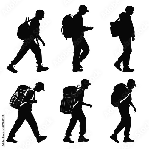 Silhouettes of people walking with backpacks men and women carrying bags on their backs, hiking, traveling, or going to school in vector style