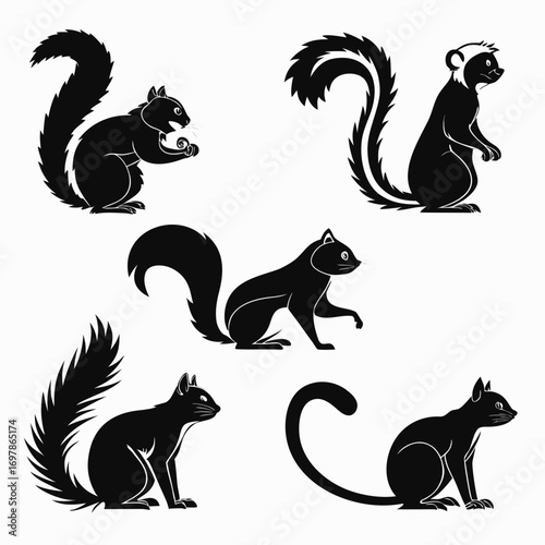 A captivating collection of animal silhouettes, showcasing the graceful forms of squirrels, lemurs, and a skunk in various dynamic poses and positions