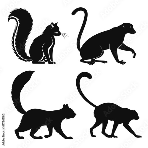 A captivating collection of animal silhouettes, showcasing the graceful forms of squirrels and lemurs in various dynamic poses and positions