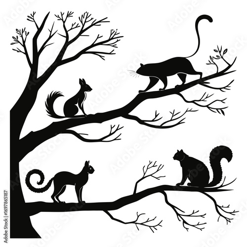 A captivating collection of animal silhouettes perched on tree branches, showcasing the graceful forms of squirrels and lemurs in a natural setting
