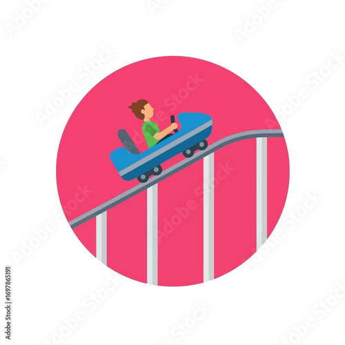 Vector art of person riding a roller coaster down a steep track at an amusement park