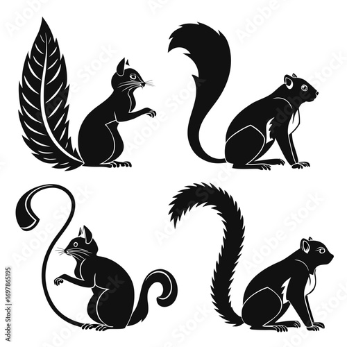 Silhouette illustration of squirrels and cats in various poses, showcasing different tail styles and body shapes