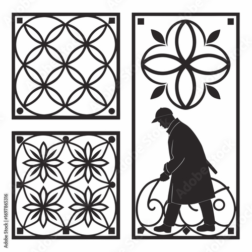 A composition of geometric and floral patterns alongside a silhouette of a man walking with a cane, showcasing a blend of natureinspired and structured designs