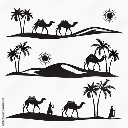 Silhouetted camels and palm trees in a desert landscape, evoking a sense of travel, adventure, and the serene beauty of the arid environment under the sun