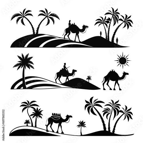 Silhouetted camels and palm trees in a desert landscape, creating a scene of exotic travel, adventure, and the tranquil beauty of the arid environment