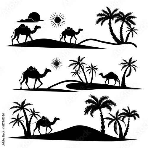 Silhouetted camels and palm trees in a desert landscape, depicting exotic travel, adventure, and the serene beauty of the arid environment under the sun