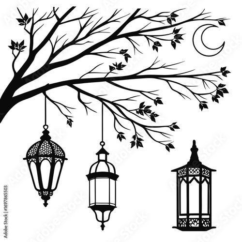 Silhouette of tree branch with hanging lanterns, creating a serene and enchanting scene, perfect for adding a touch of magic to your designs