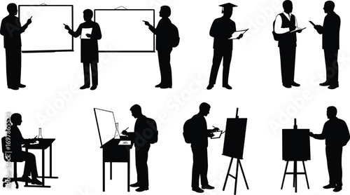 Silhouettes of students and professionals teaching, learning, presenting, painting, and working at desks and easels, education and creativity.