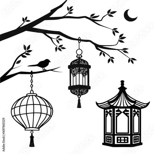 Silhouette of tree branch with hanging lanterns and bird, creating a peaceful and whimsical scene, perfect for adding a touch of nature