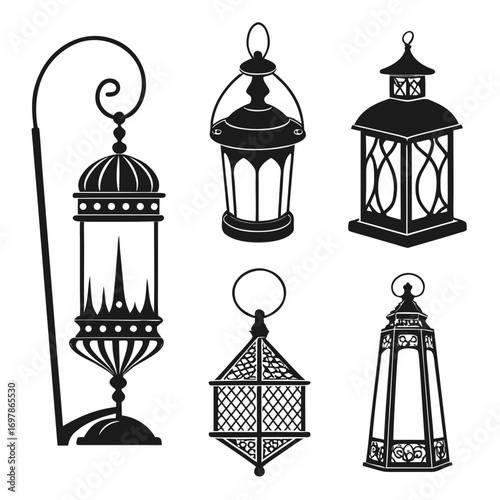 Collection of six vintage lantern silhouettes decorative hanging lamps for garden, patio, porch or interior vector illustration of old lights