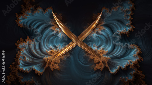 Abstract fractal pattern with crossed metal blades sharp and golden