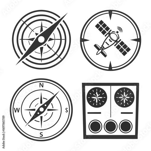 Aviation compass and navigation icons set of black and white vector illustrations depicting various symbols for aviation, compass, and navigation