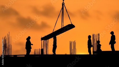 Silhouetted construction workers lift a long beam at sunset against an orange sky, other workers watch.  Steel rebar is visible