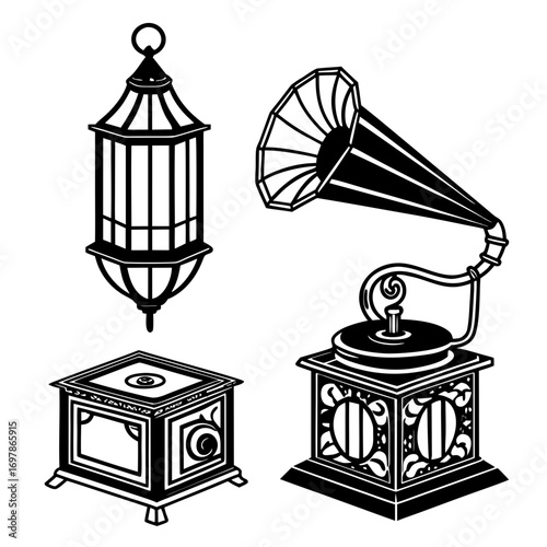 A vintage gramophone and lanterns, showcasing a blend of antique technology and classic lighting, evoking a bygone era of music and illumination