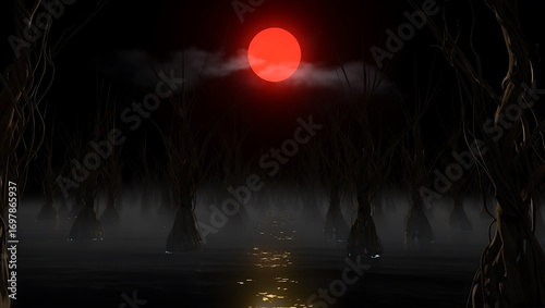 Glowing red sun over dark landscape minimalist abstract art scene