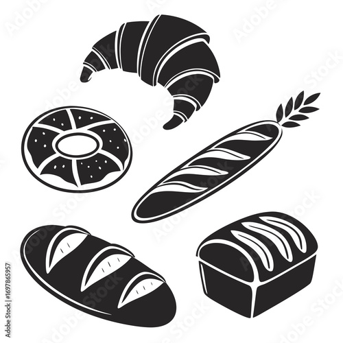A delightful assortment of bakery items, including a croissant, donut, baguette, and loaf of bread, all rendered in a clean, minimalist black and white style
