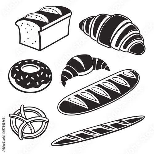 A delightful assortment of bakery items, including a croissant, donut, baguette, loaf of bread, and pretzel, all rendered in a clean, minimalist style