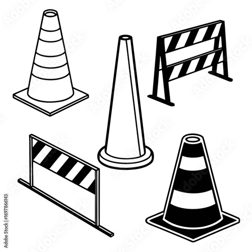 A collection of traffic cones and barriers, each rendered in a bold black outline against a clean white backdrop, perfect for safety and construction themes