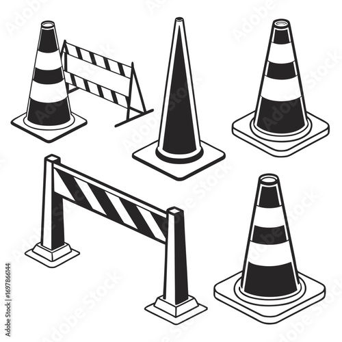 Arrangement of traffic cones and barricades, creating a visual representation of road safety measures and construction site barriers