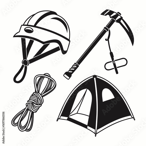 A set of four different climbing equipment silhouettes, including a helmet, ice ax, rope, and tent, the equipment is all black and white and has a simple, graphic style