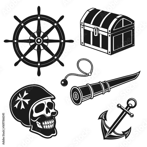 Illustration of pirate elements featuring a ship wheel, treasure chest, skull, spyglass, and anchor, ideal for nautical and adventure themes