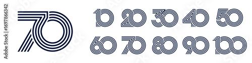collection anniversary 10 to 100 year logo designs. abstract number for celebration event, wedding, greeting card, and invitation, vector illustration