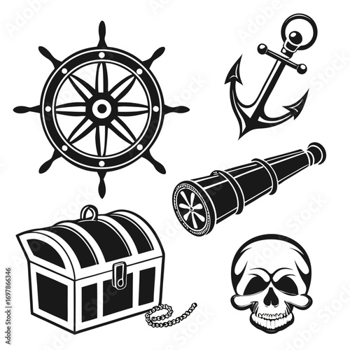 Illustration of nautical elements showcasing a ship wheel, anchor, spyglass, treasure chest, and skull, perfect for maritime and adventure themes