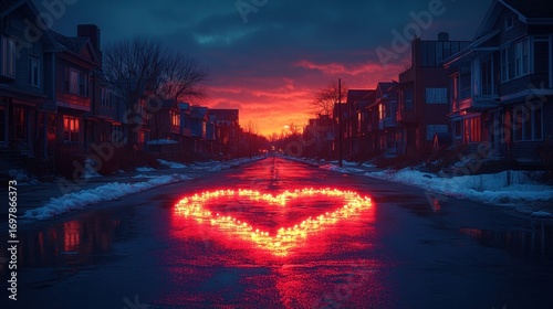 Heart of candles on snowy street at sunset
