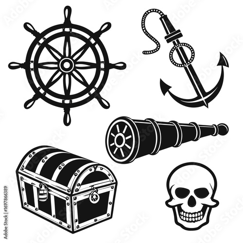 Pirate adventure elements set of vintage pirate ship steering wheel, anchor, spyglass, treasure chest and skull in monochrome style for design
