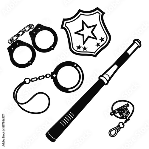 Illustration of police equipment featuring handcuffs, a badge with a star, a baton, and a whistle, all in black and white for a classic law enforcement theme