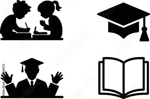 Children studying, graduation cap, and open book icons representing education and learning.