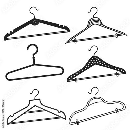 A collection of six different coat hangers, each with a unique design, showcasing a variety of styles from classic to modern, perfect for organizing clothes