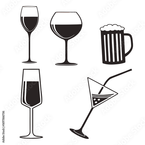 A collection of alcoholic beverages, featuring wine, beer, and cocktails, ideal for menus, invitations, and designs related to drinks and celebrations