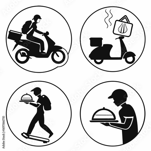 This vector graphic presents a compilation of delivery service icons, including a scooter, a person carrying a dish, and a skateboarder with food, all in a minimalist style