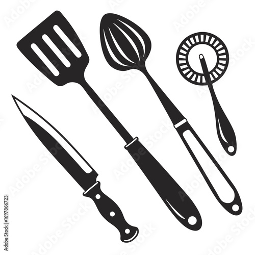 Kitchen utensils vector illustration set of cooking tools, including spatula, spoon, knife, and pizza cutter perfect for culinary designs and menus