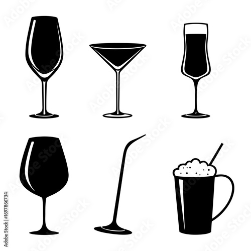 Glassware vector illustration collection of various glasses for wine, cocktails, and beverages perfect for bar and restaurant designs, and drink menus