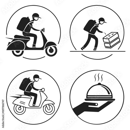 This vector graphic features a collection of delivery service icons, including a scooter rider, a person carrying boxes, and a hand holding a covered dish