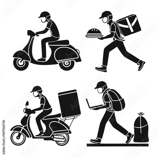 A collection of vector illustrations depicting delivery services, featuring couriers on scooters, carrying packages, and using laptops, showcasing the modern convenience of delivery