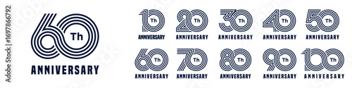 collection anniversary 10 to 100 year logo designs. abstract number for celebration event, wedding, greeting card, and invitation, vector illustration